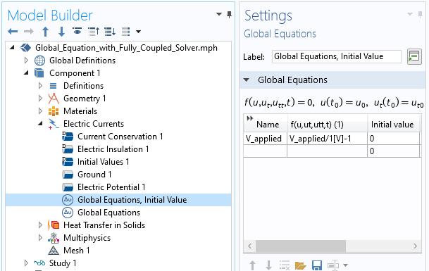 The Model Builder with Global Equations, Initial Value selected and the corresponding Settings window showing the Global Equations table.