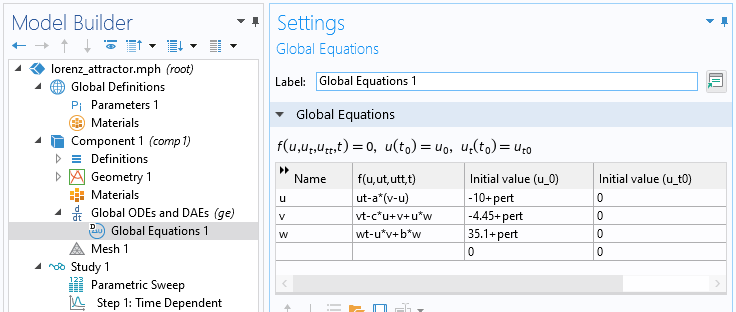 The Model Builder with the Global Equations interface selected and the corresponding Settings window showing the Global Equations table.