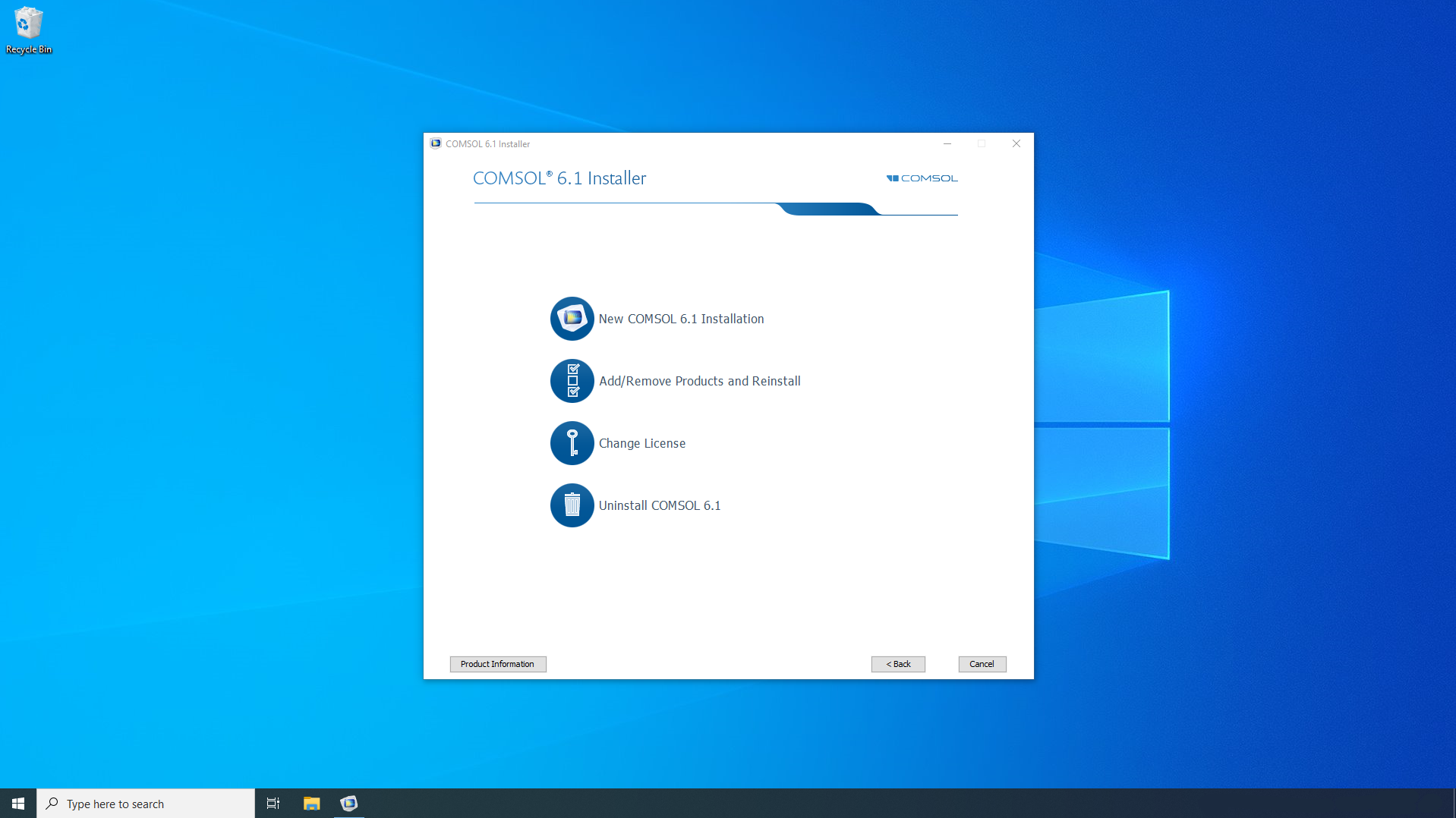 A screenshot of a Windows<sup>®</sup> desktop with the COMSOL installer launched.