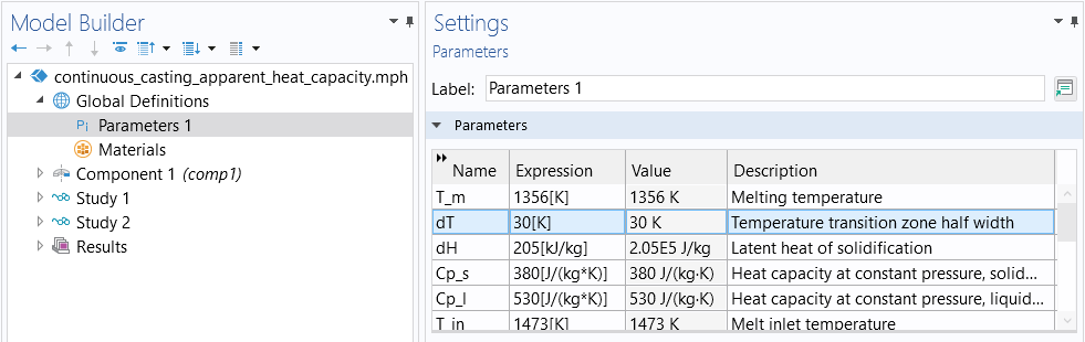 The Model Builder and the Settings window, which has the Parameters table expanded to show the parameter names, expressions, values, and descriptions.