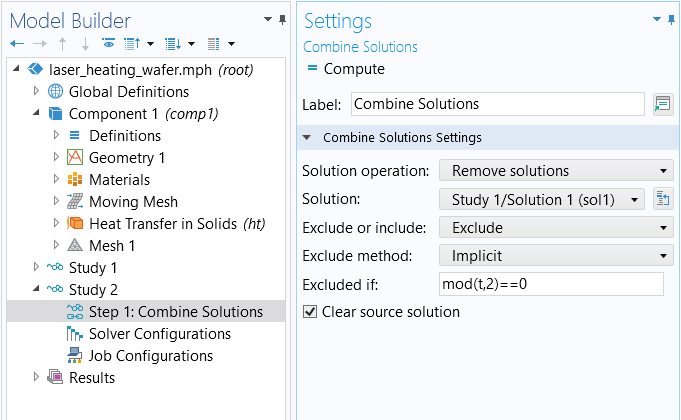 The Model Builder with the Combine Solutions study selected and the corresponding Settings window with the Exclude method option set to Implicit.
