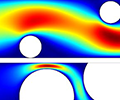 Velocity pattern for laminar fluid flow in a channel with obstacles of different sizes.