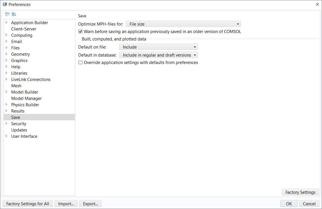 A screenshot of the Preferences window with the Save menu selected to show the options for optimizing saving COMSOL application files.