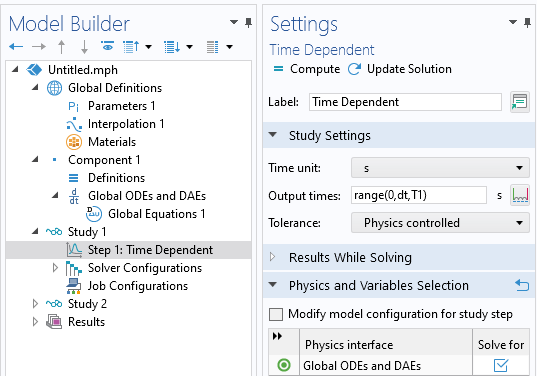 The Model Builder with the Time Dependent study selected and its Settings window showing the output times, physics selection, and more.