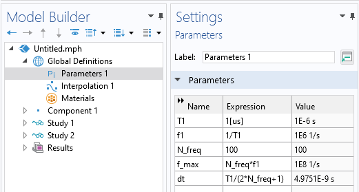 The Model Builder with Parameters selected and the corresponding Settings window showing a table with the parameter names, expressions, and values.