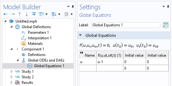 The Model Builder with Global Equations selected and its Settings window with a table showing the settings for variable u.