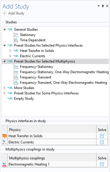 The Add Study window showing the study type options as well as the physics interfaces and multiphysics couplings in the selected study.