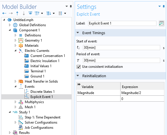 The Model Builder with the Explicit Event feature selected and the corresponding Settings window with the Reinitialization section expanded, showing a table with variable information.
