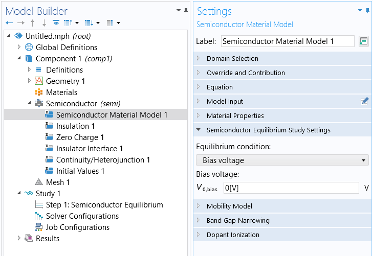 The Model Builder with the Semiconductor Material Model node selected and the corresponding Settings window with the Semiconductor Equilibrium Study Settings section expanded, with the Bias voltage option selected for the equilibrium condition.