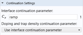 A close-up of the Continuation Settings section showing the Interface continuation parameter option and the Doping and trap density continuation parameter setting with the Use interface continuation parameter option selected.