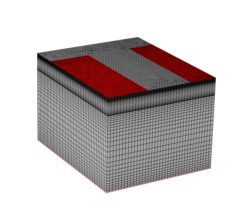 A swept mesh of the 3D bipolar transistor model, with the top surface forming a T in gray, with the blank space in red.