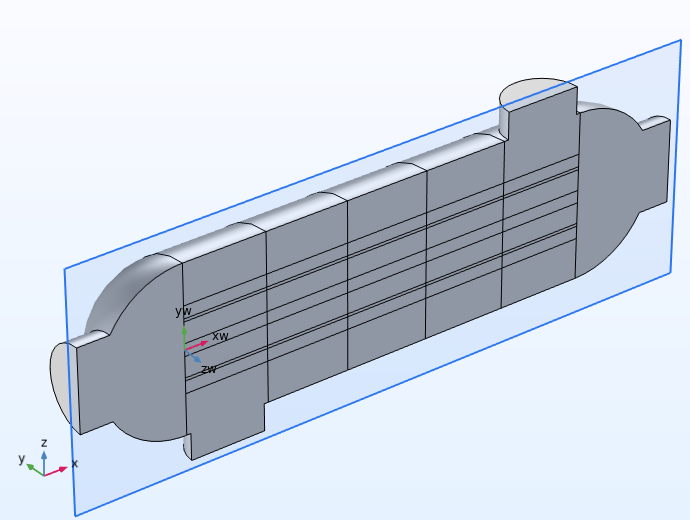 The 2D shell-and-tube heat exchanger model with the plane used to cut the 3D design.