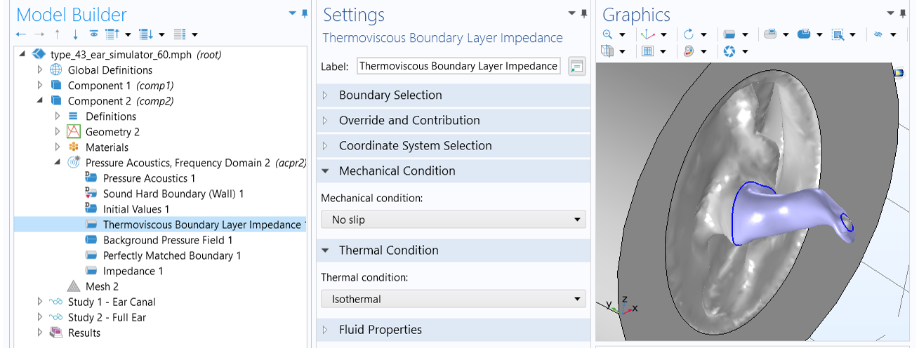 The COMSOL Multiphysics UI showing the Model Builder with the Thermoviscous Boundary Layer Impedance feature selected, the corresponding Settings window, and the Graphics window showing the Type 4.3 Ear Simulator example.