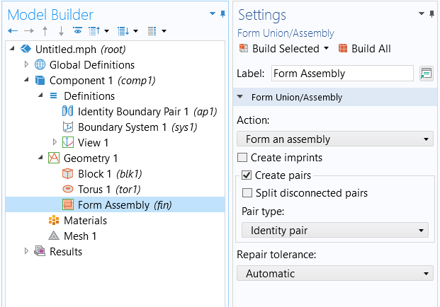 A close-up of the Model Builder with the Form Assembly node selected and the Settings window with the Create pairs check box selected.