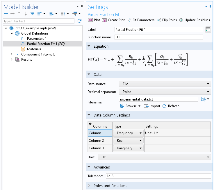 The Model Builder with Partial Fraction Fit selected and the corresponding Settings window showing the equation and data column settings.