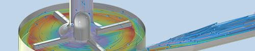 A blood pump model with streamlines and arrows showing flow direction.