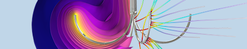A four-armed device for tumor ablation, with temperature shown in yellow and magenta slices and electromagnetic fields shown in rainbow streamlines.