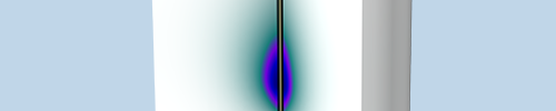 A cylindrical model with a line down the center and purple and teal showing heat distribution.