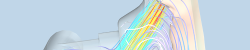 Side view of a nose with an oxygen mask with oxygen and carbon dioxide shown as rainbow streamlines.