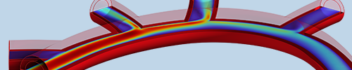 A section of blood vessels modeled as partially transparent and blood flow shown in rainbow.