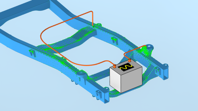 Green arrows on the surface of a chassis connected to two orange lines leading back to a gray rectangular box with a wave function graphically shown on top.