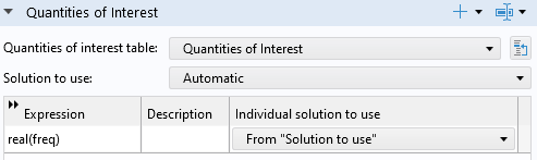 A closeup of the Quantities of Interest section of the Settings window for the screening study.