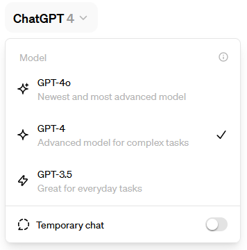A checkmark shows GPT-4 is selected in the model menu as the model to use in the ChatGPT user interface.