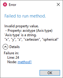 The Error window, which includes a brief description of why the method failed to run and where in the code the failure occurs.