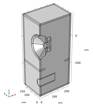 One symmetric half of a gray box with an extruded cylinder and cone.