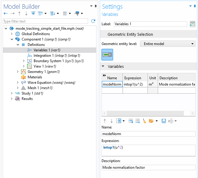 Model Builder tree highlighting the Variables node settings window to define the mode normalization variable.