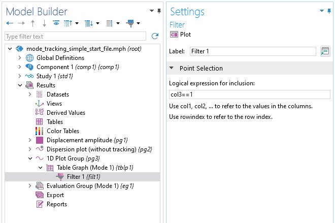 Model Builder tree highlighting the Filter subnode settings window under the Table Graph node.