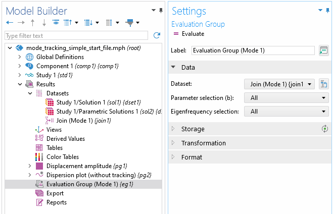 Model Builder tree highlighting the Evaluation Group node to calculate the mode overlap.