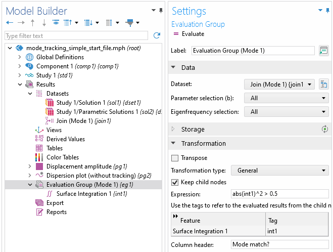Model Builder tree highlighting the Evaluation Group node to show the Transformation settings.