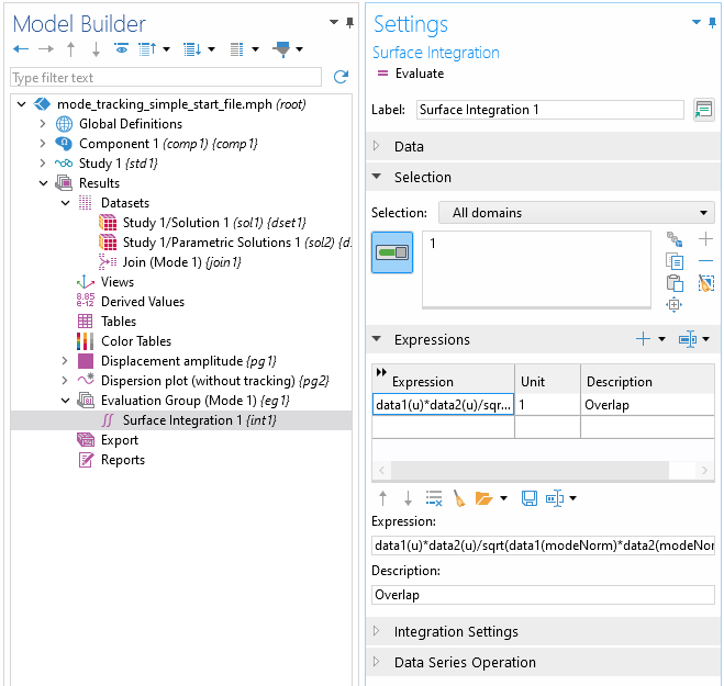 Model Builder tree highlighting the Surface Integration subnode under the Evaluation Group node.