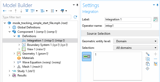 Model Builder tree highlighting the Integration node settings window to cover the entire simulation domain.
