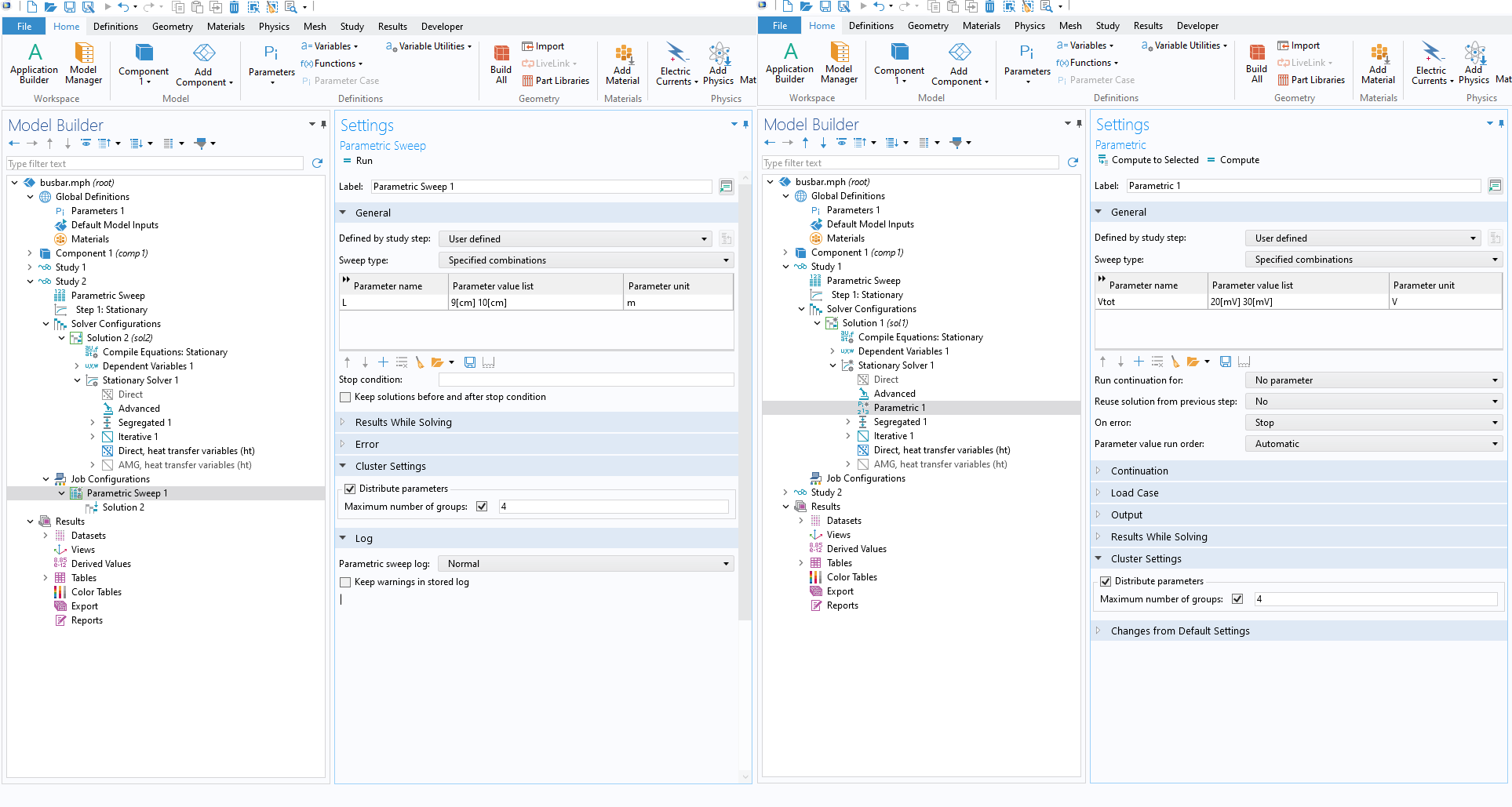The _Settings_window for a _Parametric_ node and a _Parametric Sweep_ node side by side, with the _Cluster Settings_ section open, and the _Maximum number of groups_ set to 4.