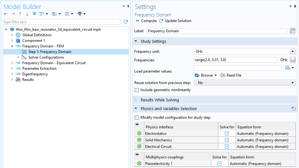 The Model Builder with the Frequency Domain study step highlighted and the corresponding Settings window.