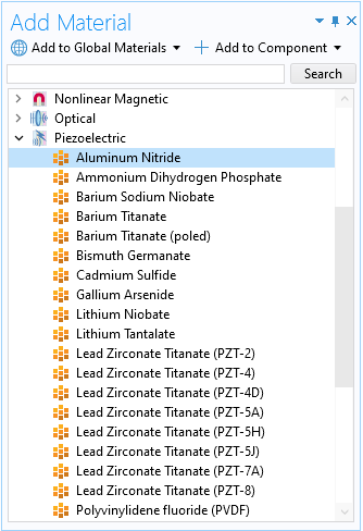 The Add Material window with the Piezoelectric material library branch expanded and Aluminum Nitride selected.