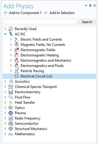 The Add Physics window with the Electrical Circuit interface selected.