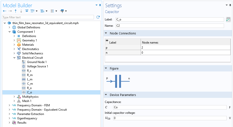 The Model Builder with the Capacitor feature highlighted and the corresponding Settings window.