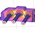 A model showing the electric current in a component using the Heat Camera color table.