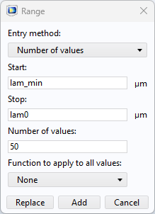 The settings window for defining a range of values in COMSOL Multiphysics.