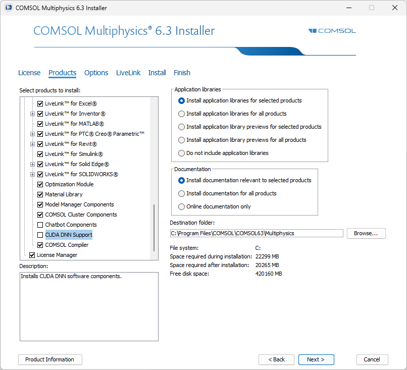 A UI screenshot of the COMSOL Installer with the Products tab selected and the CUDA DNN Support checkbox highlighted.