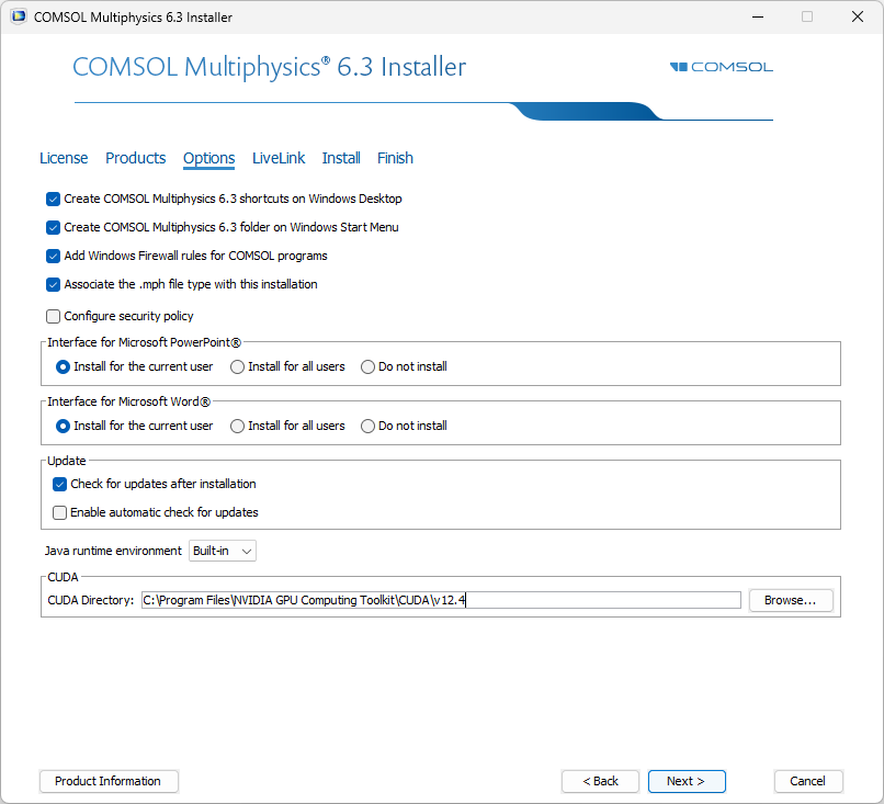 A UI screenshot of the COMSOL Installer with the Options tab selected and the CUDA Directory file path entered.