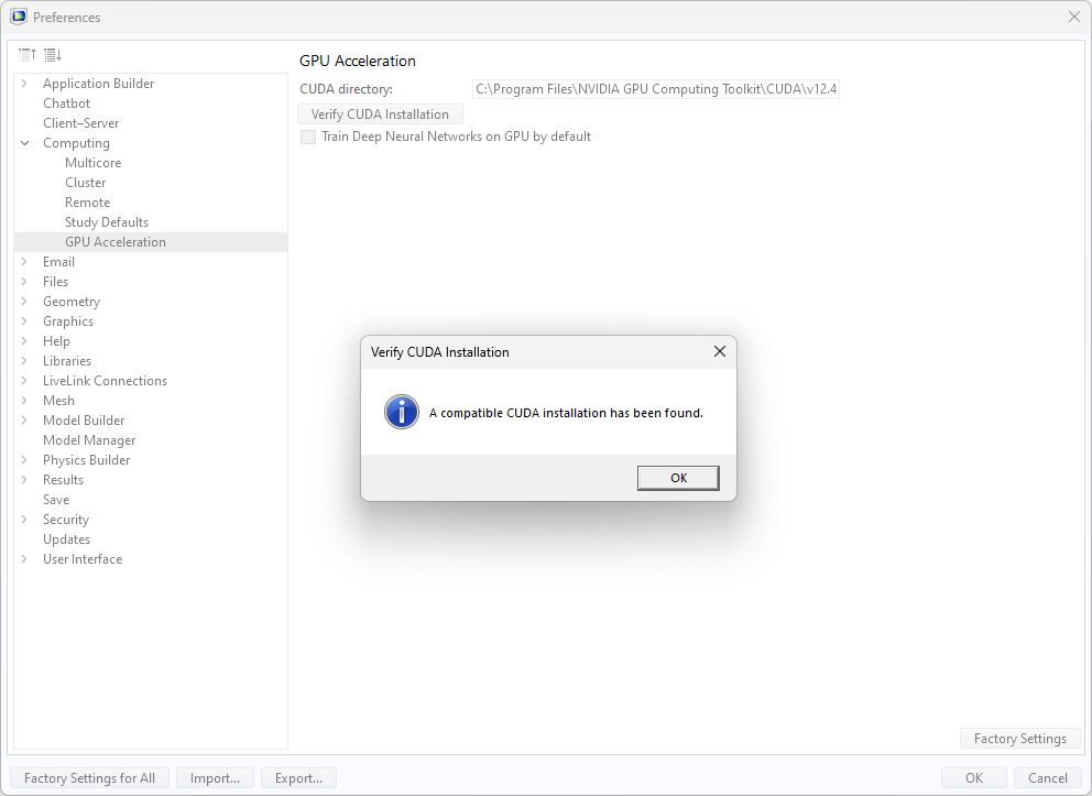 A UI screenshot of the Preferences window in COMSOL Multiphysics with the Verify CUDA Installation dialog open on a Windows® operating system.