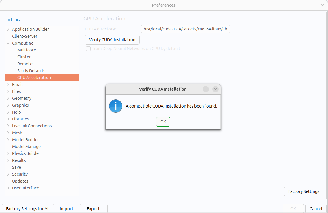 A UI screenshot of the Preferences window in COMSOL Multiphysics with the Verify CUDA Installation dialog open on an Ubuntu® operating system.