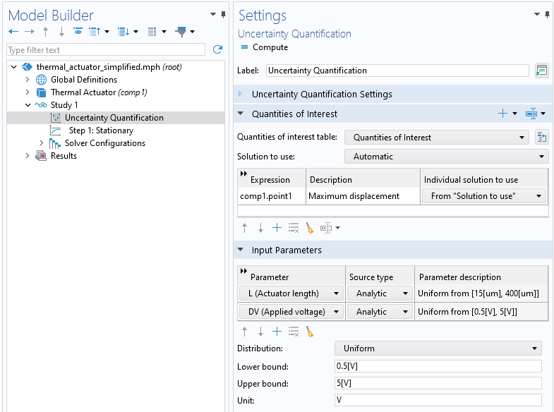 The Settings window for the Uncertainty Quantification study with the Quantities of Interest section and Input Parameters section expanded.
