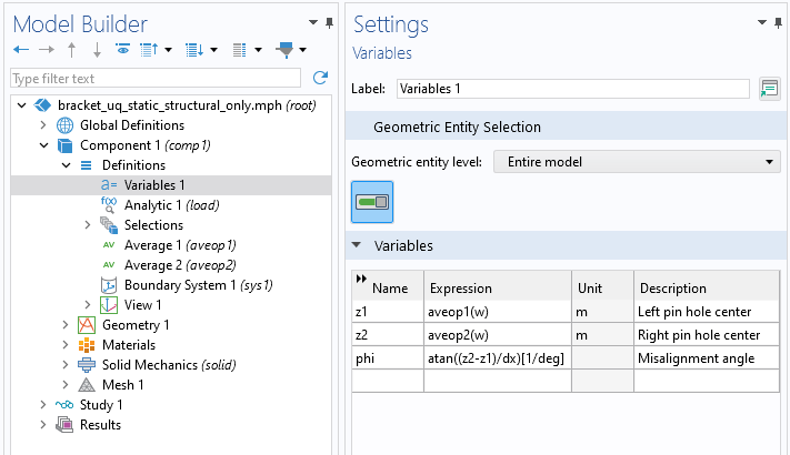 The Settings window for the Variables node, which shows a table listing information such as the name, expression, unit, and description for a list of variables used in the model.