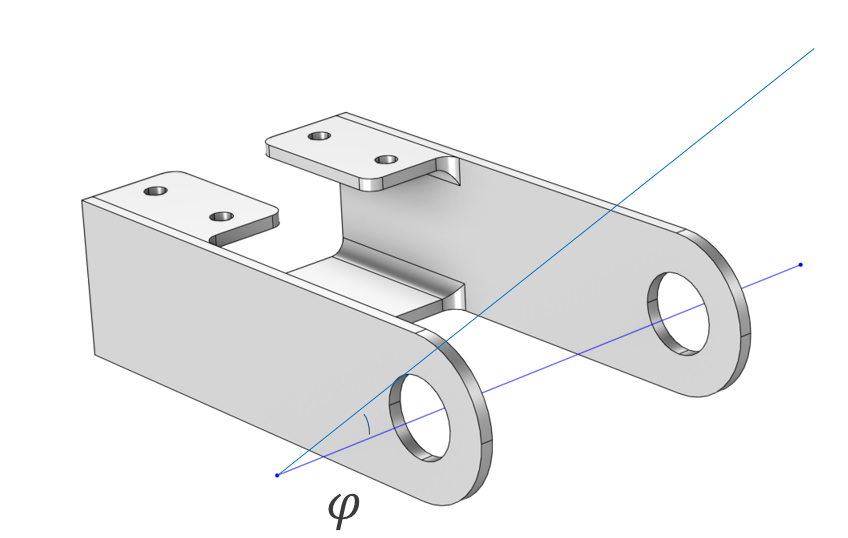 The design of a steel bracket with an overlay of two blue lines connected at a point to form an angle. The bottom line runs through the center of the pin hole in each arm of the bracket.