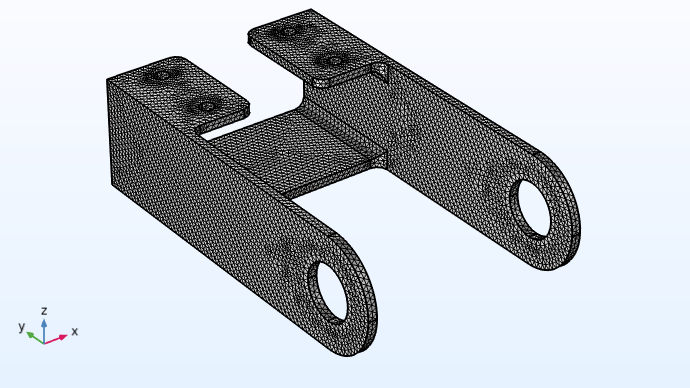 The design of a steel bracket with an unstructured mesh made up of many tetrahedral elements.